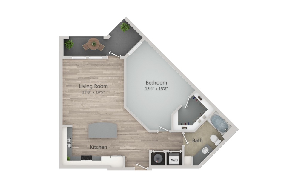 A2.1 - 1 bedroom floorplan layout with 1 bath and 827 square feet. (2D)