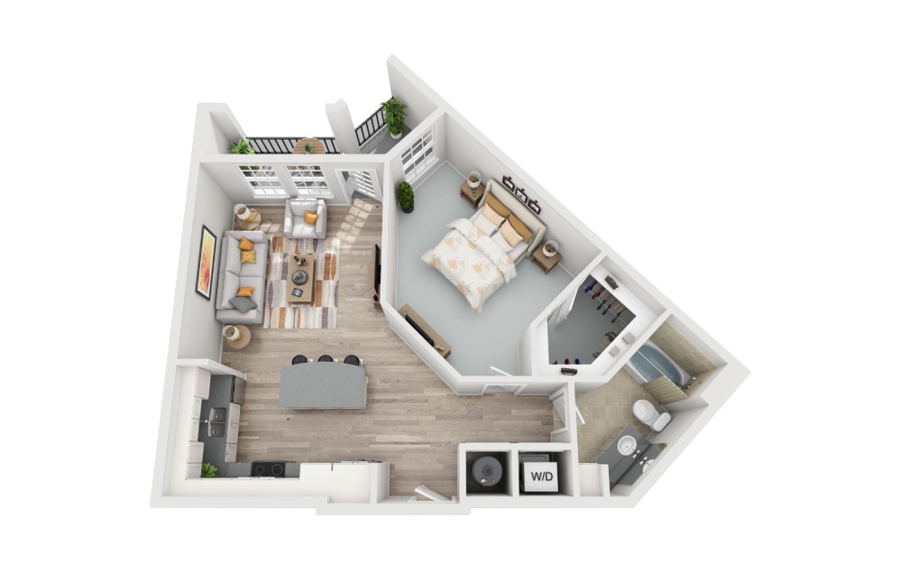 A2.1 - 1 bedroom floorplan layout with 1 bathroom and 827 square feet (3D)