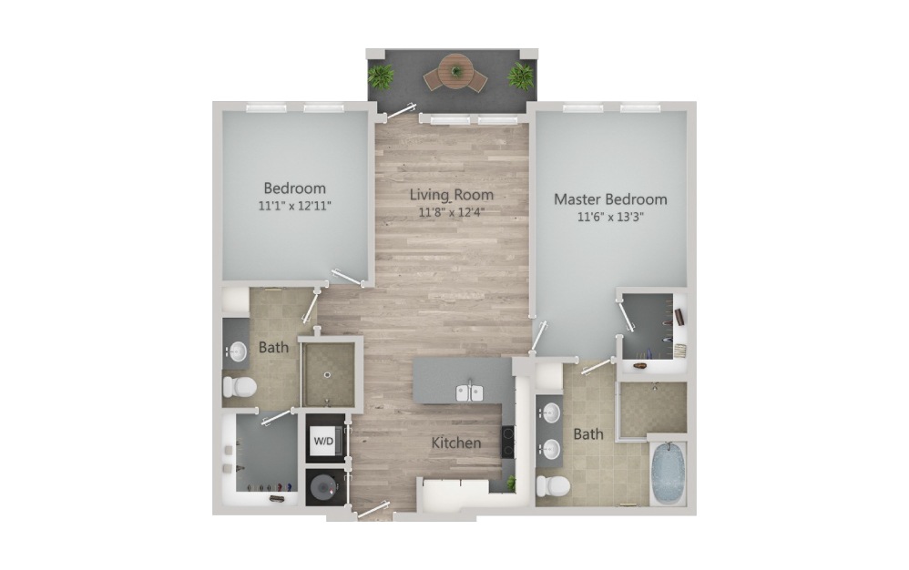 B1.1 - 2 bedroom floorplan layout with 2 baths and 1122 square feet. (2D)