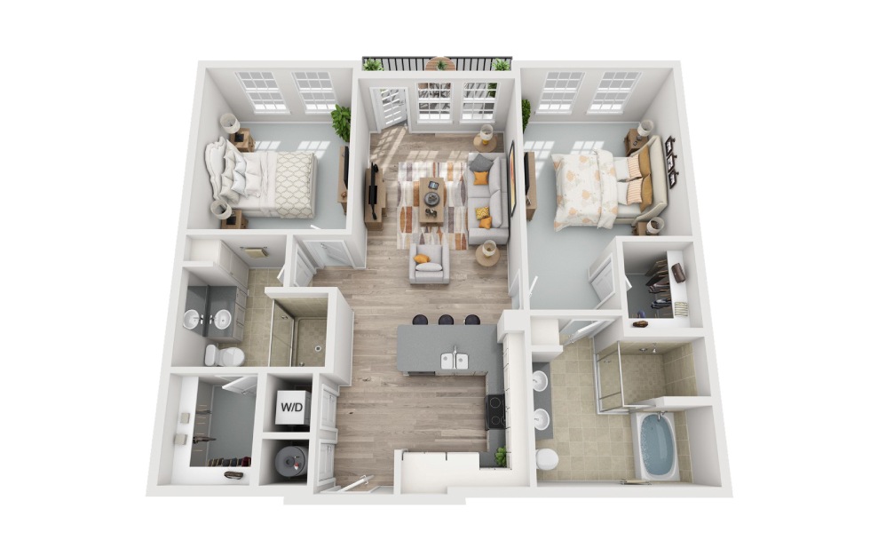 B1.1 - 2 bedroom floorplan layout with 2 baths and 1122 square feet. (3D)
