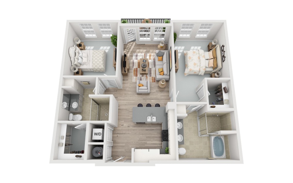 B1.1 - 2 bedroom floorplan layout with 2 bathrooms and 1122 square feet (3D)