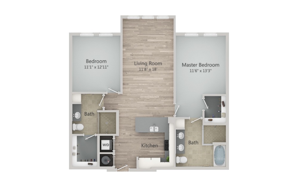 B1.2 - 2 bedroom floorplan layout with 2 baths and 1182 square feet. (2D)