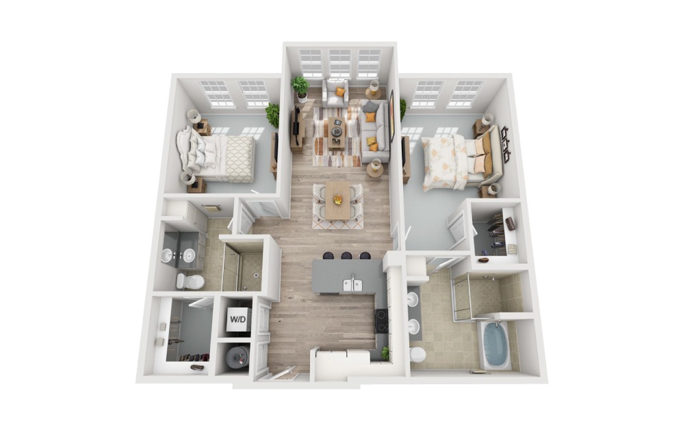 B1.2 - 2 bedroom floorplan layout with 2 bathrooms and 1182 square feet (3D)