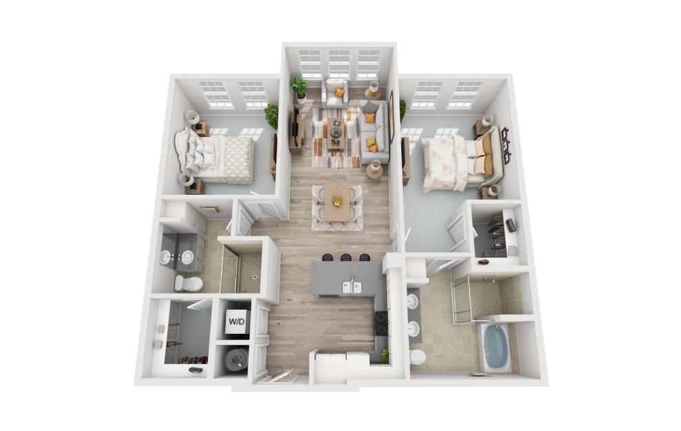 B1.2 - 2 bedroom floorplan layout with 2 baths and 1182 square feet. (3D)