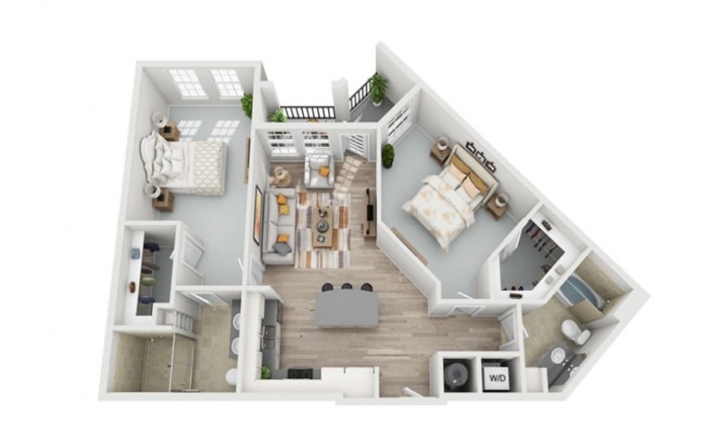 B2 - 2 bedroom floorplan layout with 2 bathrooms and 1162 square feet (3D)