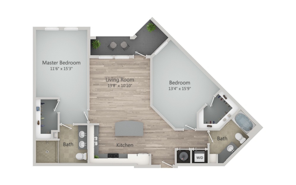 B2 - 2 bedroom floorplan layout with 2 baths and 1162 square feet. (2D)