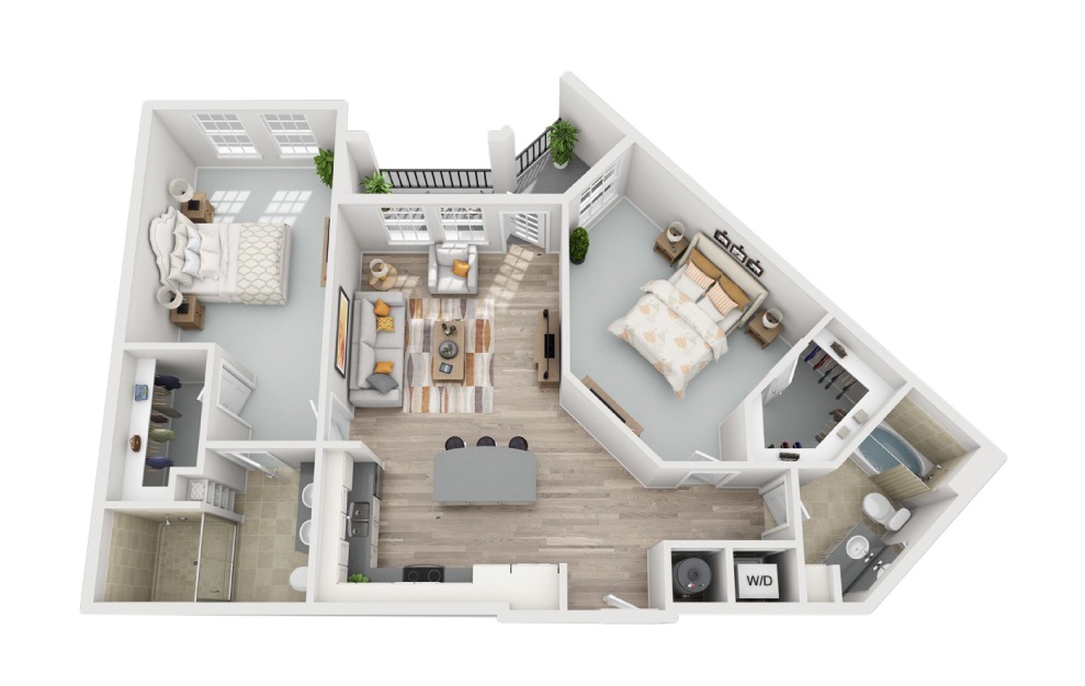B2.1 - 2 bedroom floorplan layout with 2 baths and 1203 square feet. (3D)