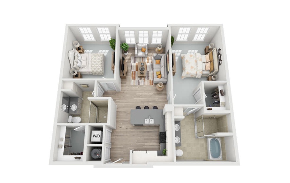 B1 - 2 bedroom floorplan layout with 2 baths and 1122 square feet.