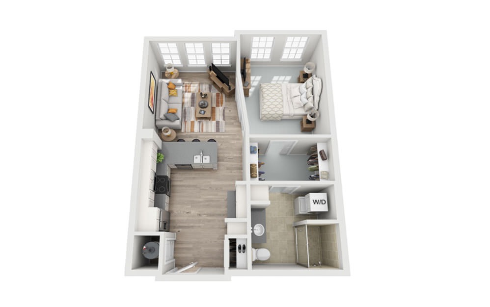 S1 - Studio floorplan layout with 1 bath and 688 square feet.