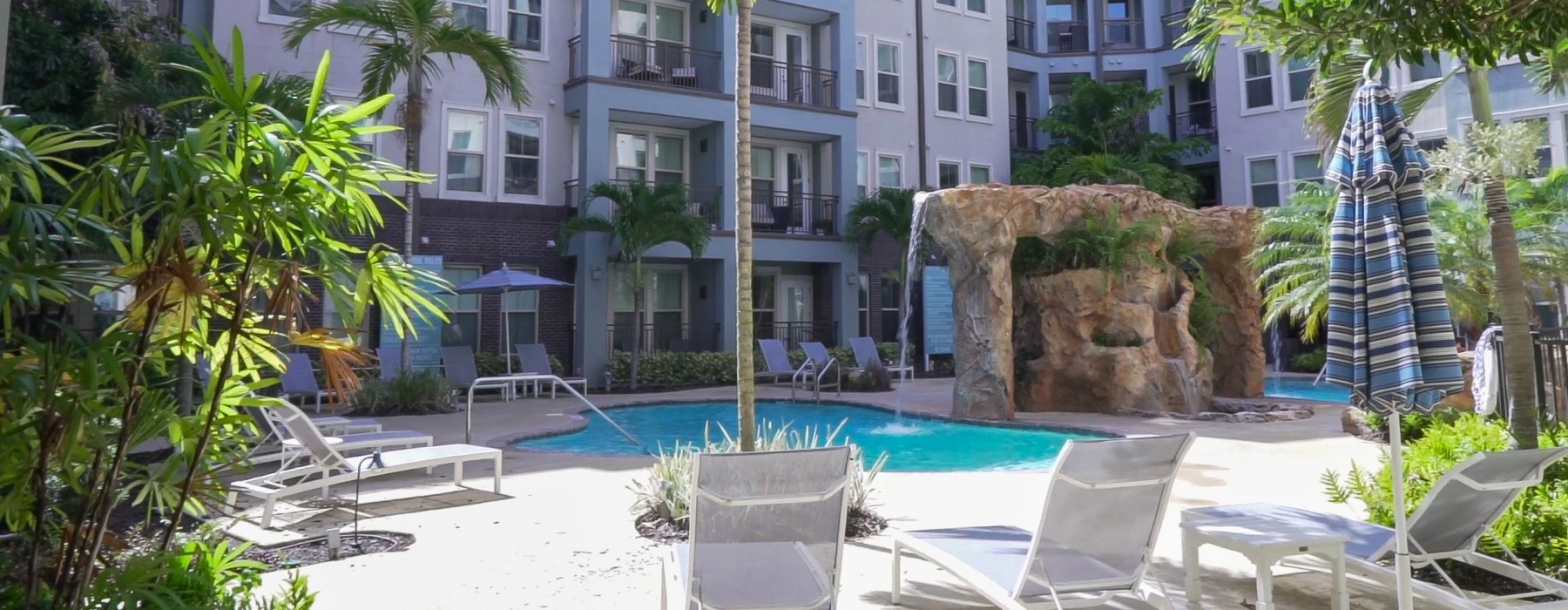 Pool with rock waterfall and palm trees at Novus Westshore